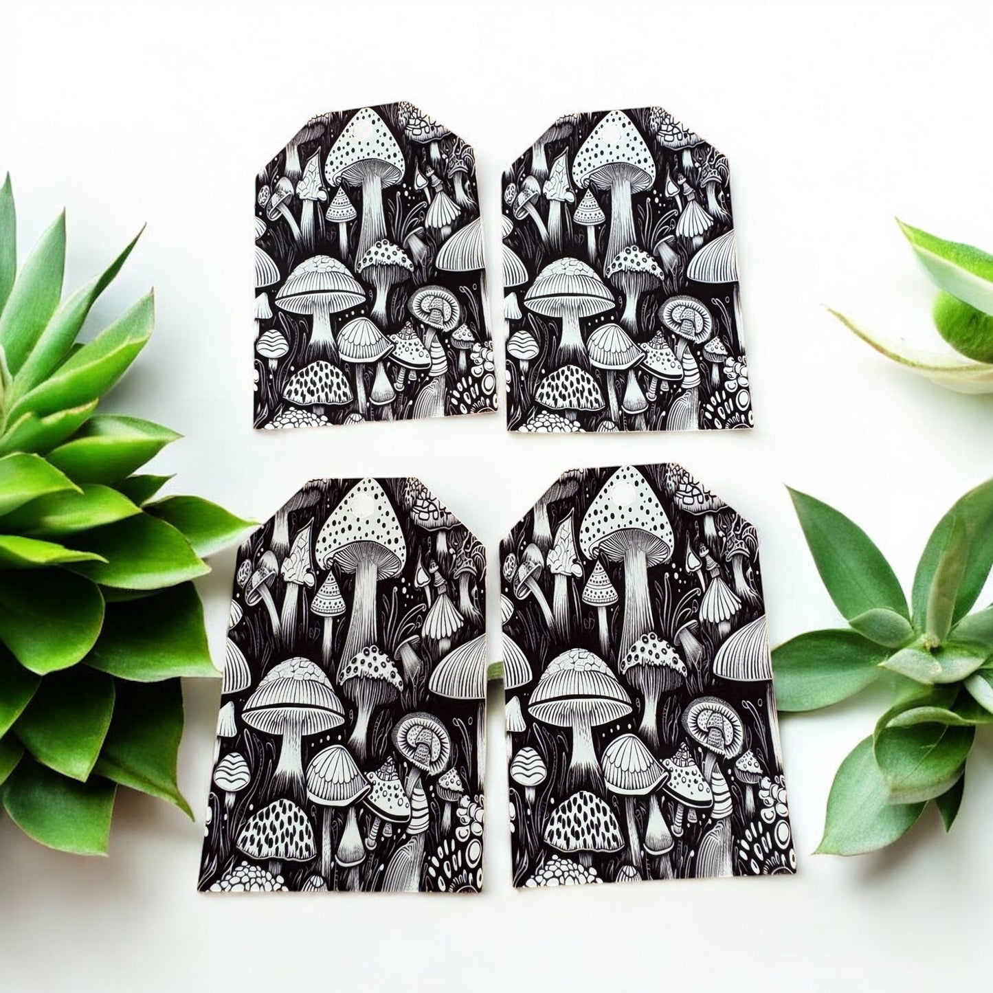 12 X Black & White Mushrooms Gift Tags, Gift Wrapping, Luggage Tags, Card Making