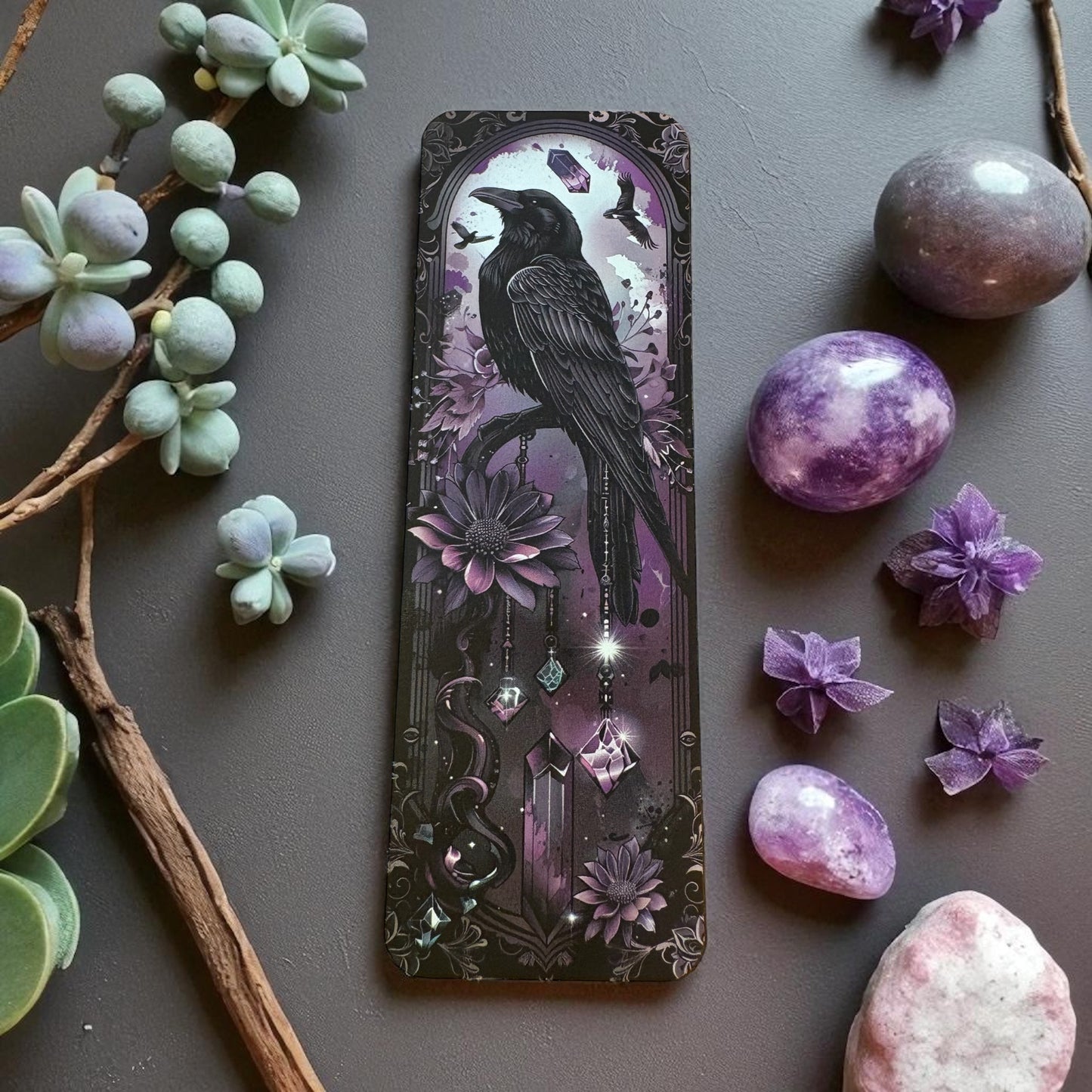 Lovely illustrated Purple Raven printed bookmark, Page Saver, Book Lover Gift