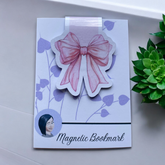 Lovely illustrated printed Pink Bow Magnetic bookmark, Page Saver, Book Lover Gift