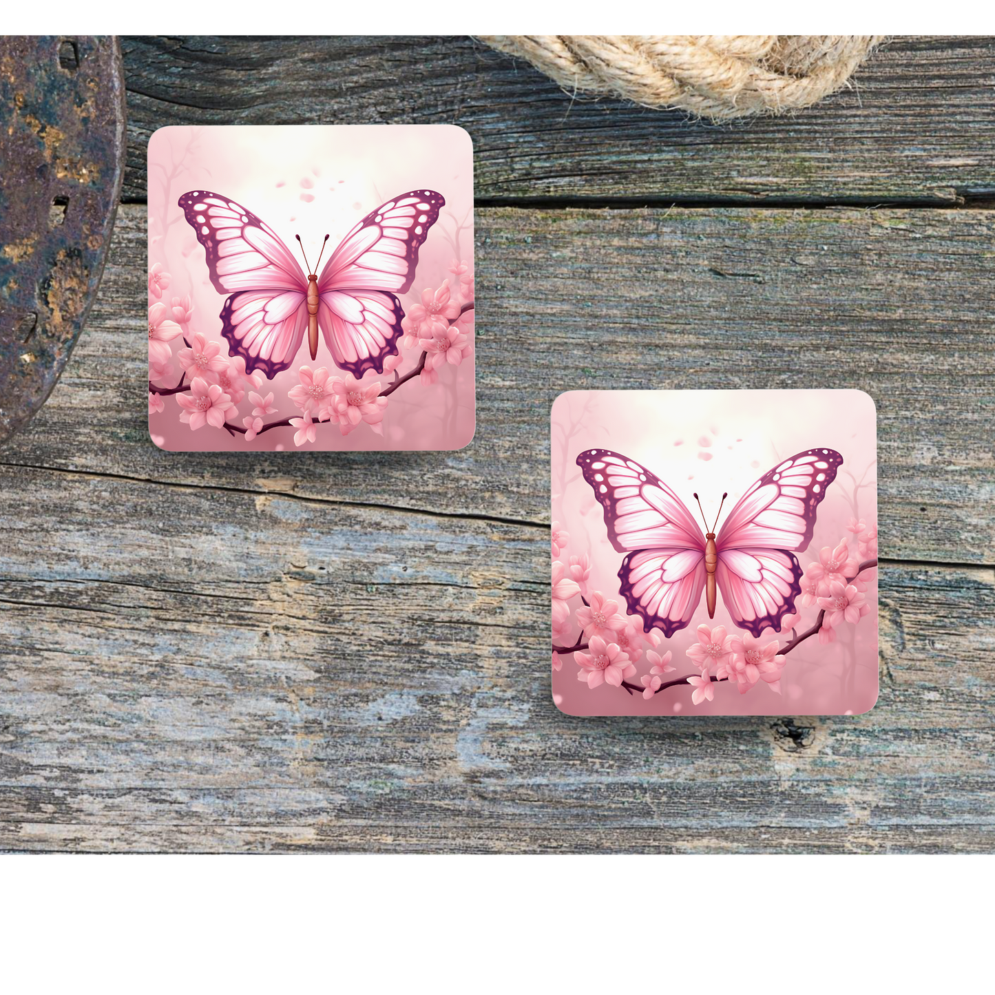 Beautifully Printed  Pink Butterfly Wooden Coasters for Stylish Home Décor, desk accessories, dining room