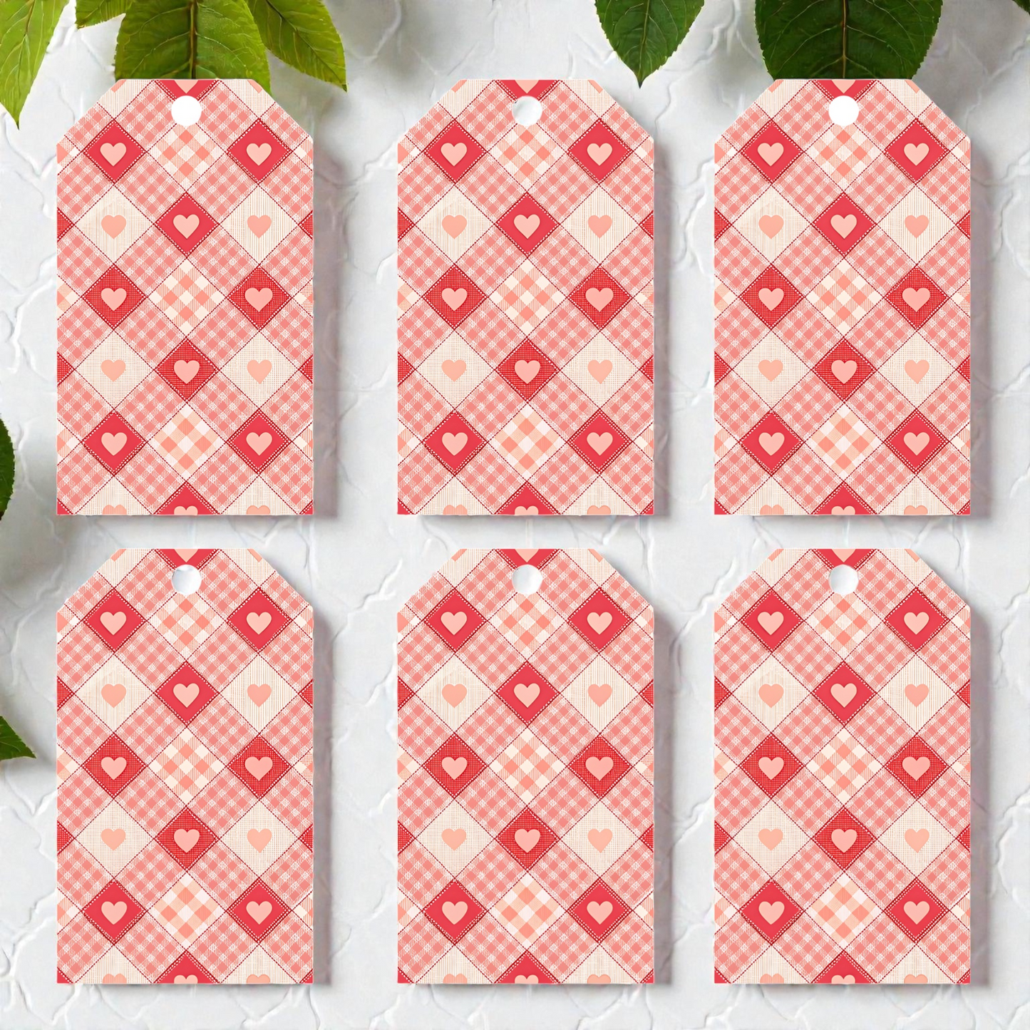 12 X  Pink Checkered Hearts Gift Tags, Gift Wrapping, Luggage Tags, Card Making