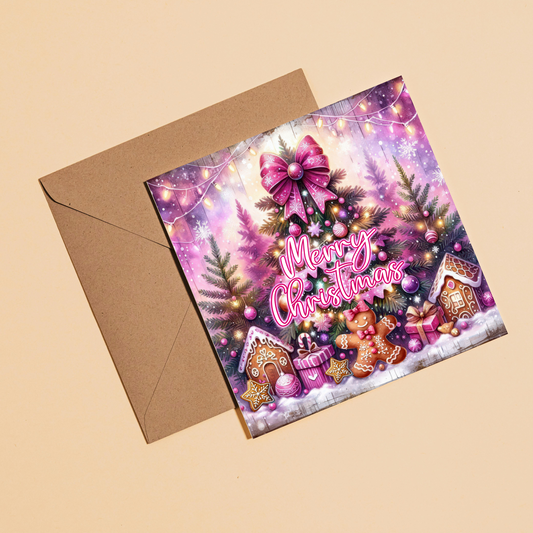 Pink Merry Christmas Greeting Card –Illustrated Blank Birthday Card