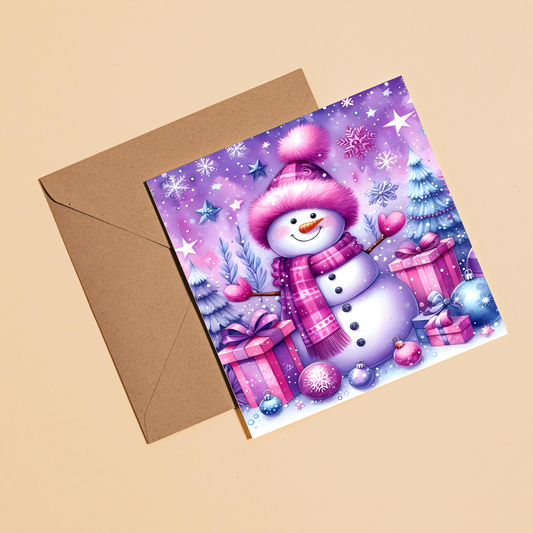Pink Snowman Greeting Card –Illustrated Blank Birthday Card
