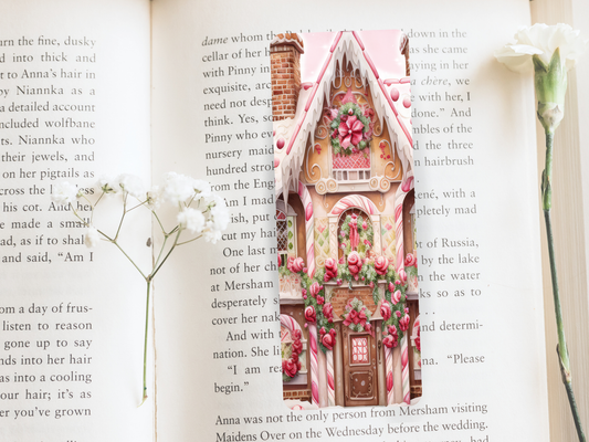 Lovely illustrated Pink Gingerbread House printed bookmark, Page Saver, Book Lover Gift