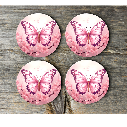 Pink Butterfly Round Cork Backed Wooden Coasters - Eco-Friendly and Stylish Drink Mats