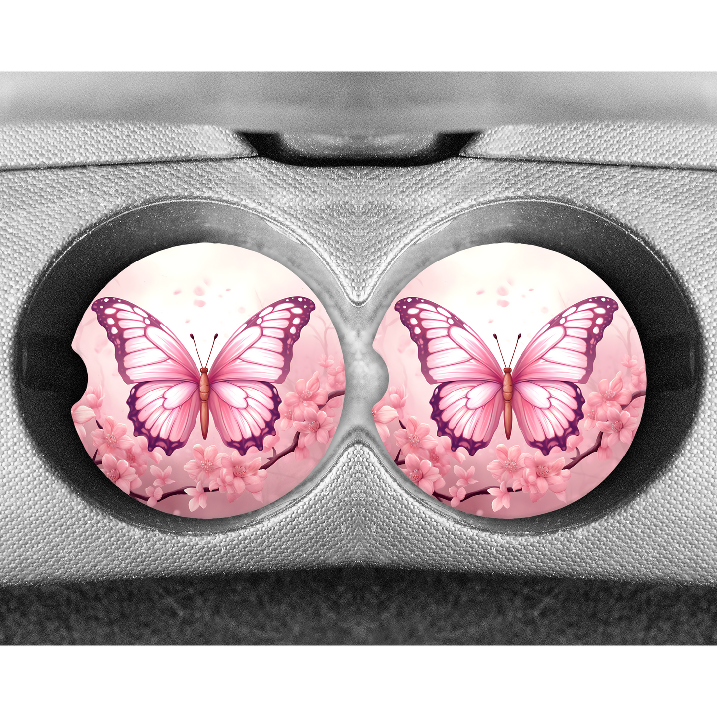 Premium Neoprene Car Coasters | Drink Holders for Your Car Console - Set of 2 Pink Butterfly Design