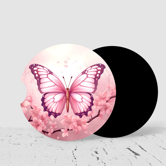 Premium Neoprene Car Coasters | Drink Holders for Your Car Console - Set of 2 Pink Butterfly Design