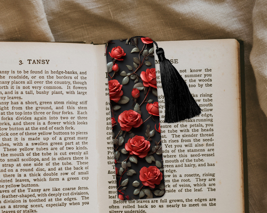 Aluminium Bookmark with Tassel -Red Roses, Stylish Metal Page Marker for Books, Journals