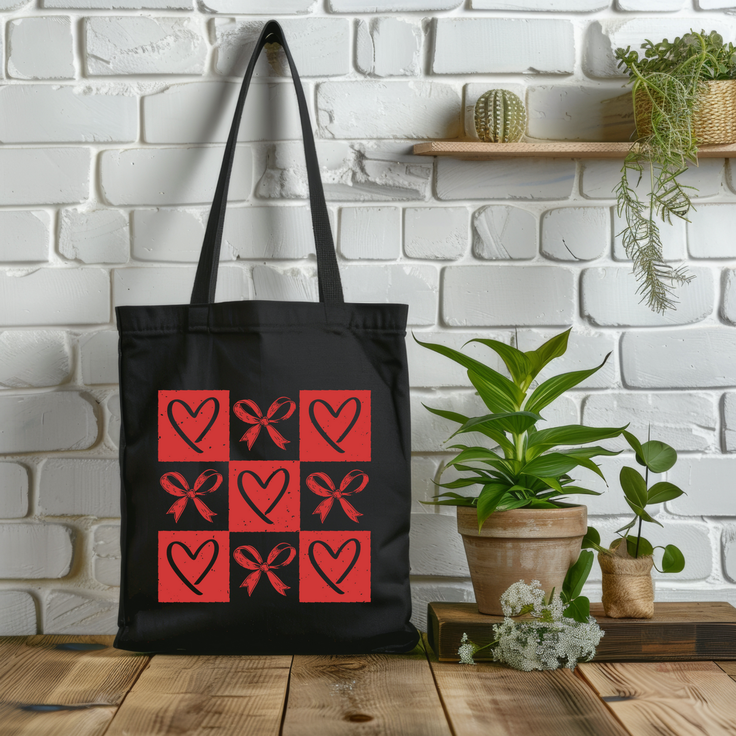 Retro Checkered Hearts 100% Cotton Canvas Tote Bag ,Reusable Shopping Bag, Eco Friendly