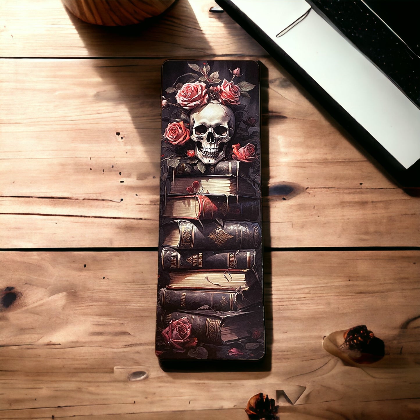 Lovely illustrated printed bookmark, Page Saver, Book Lover Gift, Skull on Books