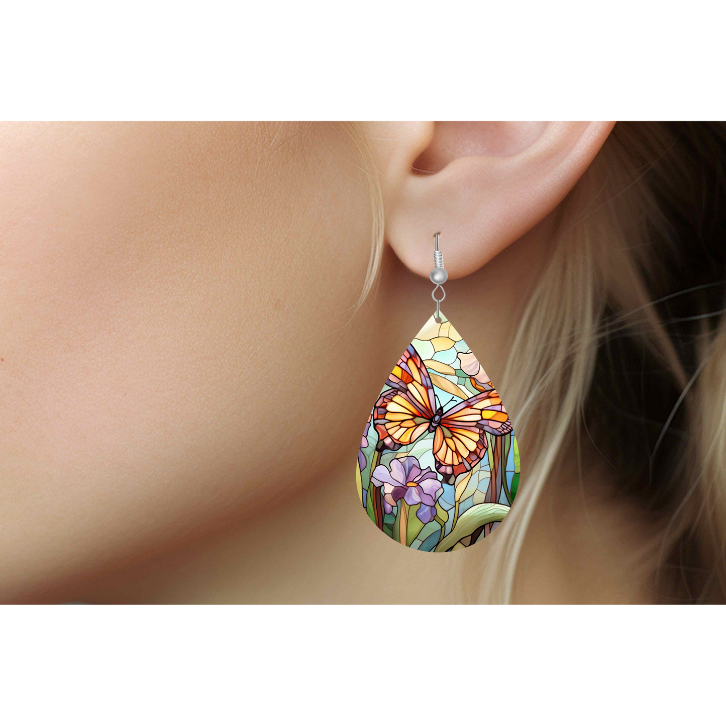 Stylish Stained Glass Butterfly Wooden Teardrop Earrings | Handcrafted Statement Jewellery
