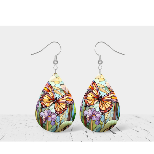 Stylish Stained Glass Butterfly Wooden Teardrop Earrings | Handcrafted Statement Jewellery