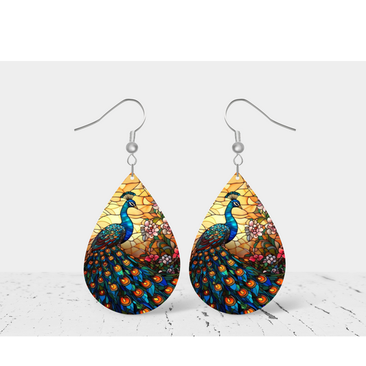 Stylish Stained Glass Peacock Wooden Teardrop Earrings | Handcrafted Statement Jewellery