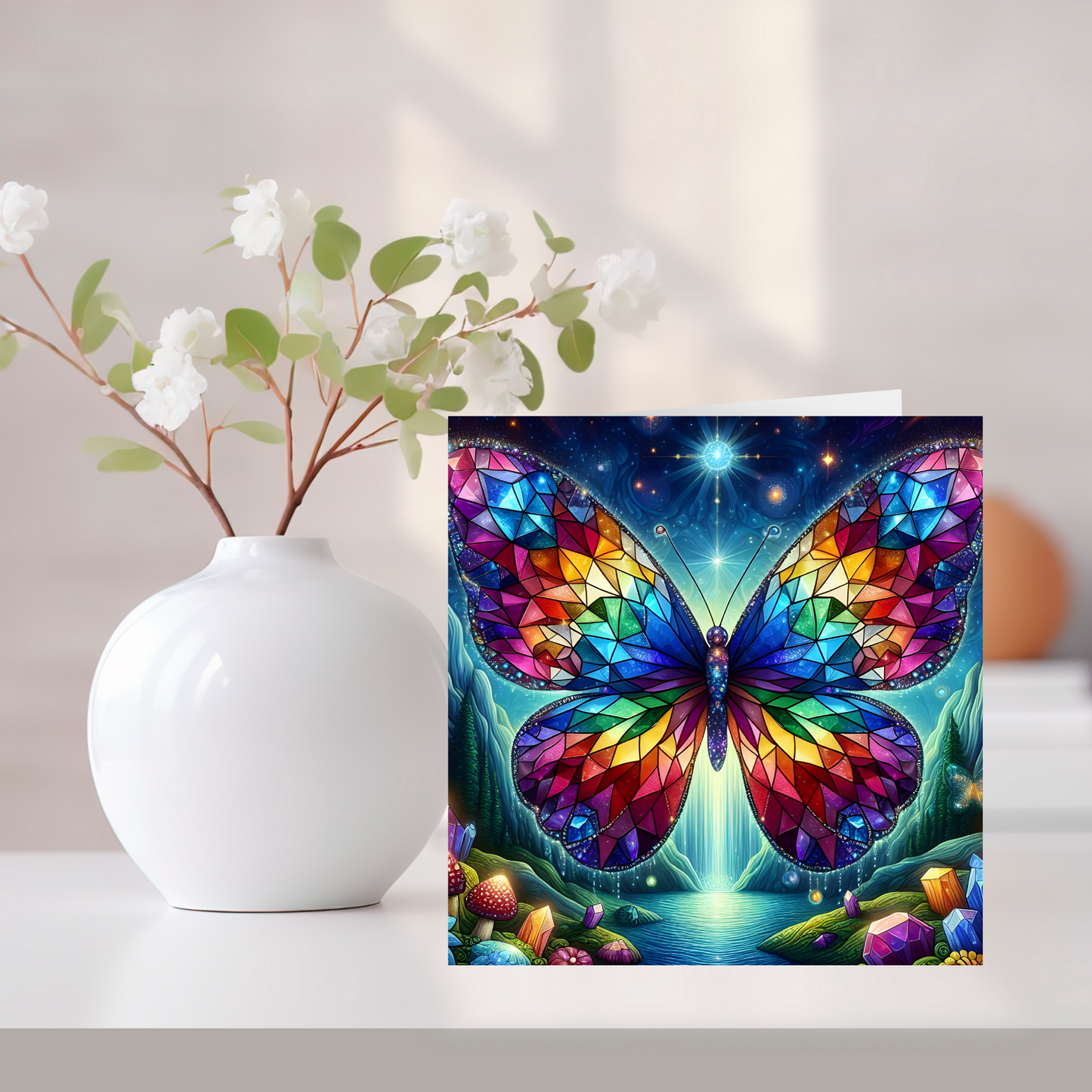 Stained Glass Butterfly Greeting Card –Illustrated Blank Birthday Card