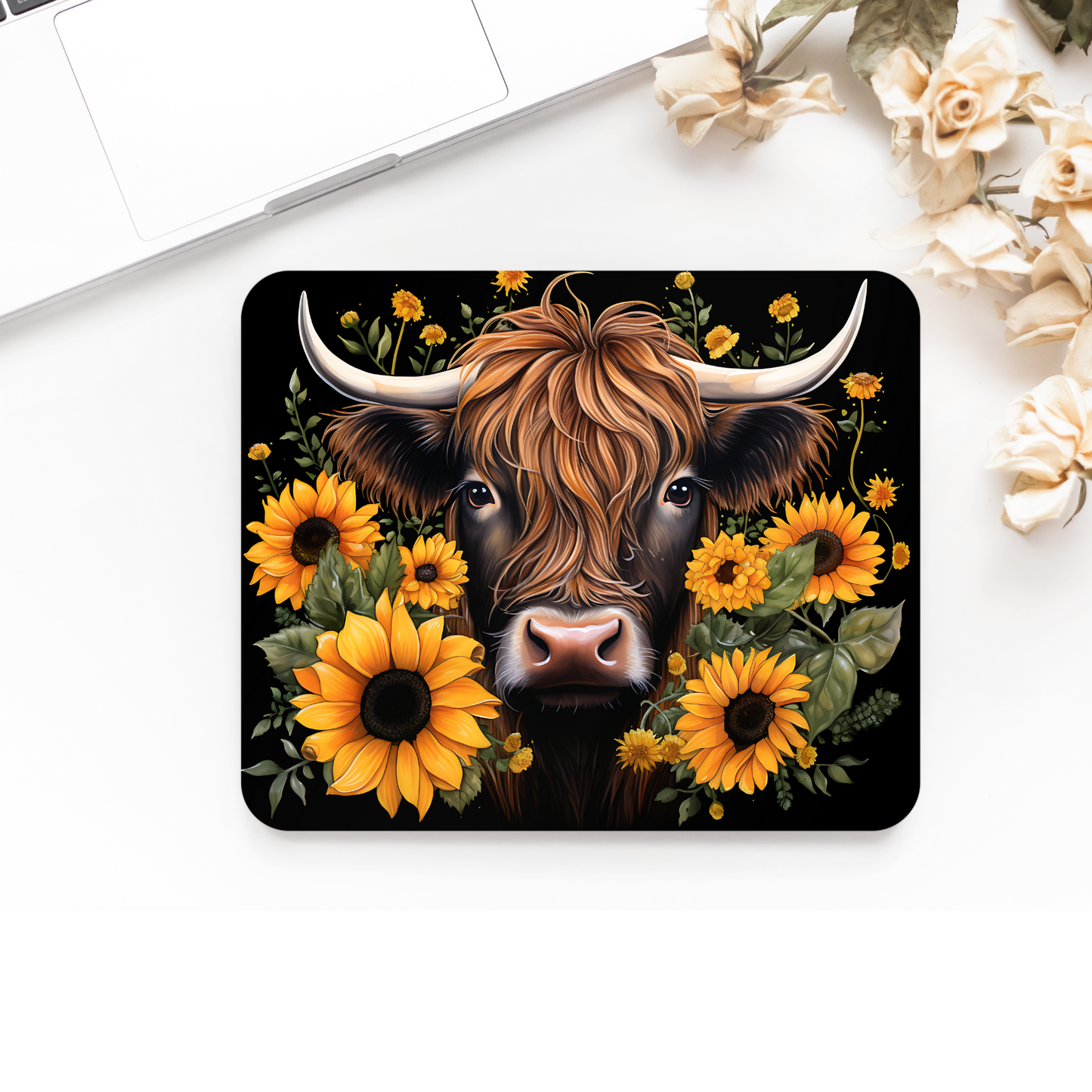 Premium Printed Anti-Slip Mouse Mat - Ultra Durable Sunflower Highland Cow Design