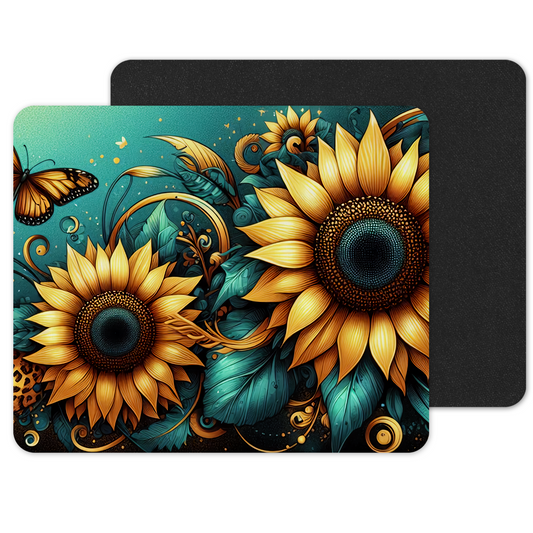 Printed Anti-Slip Mouse Mat Pad - Teal Sunflowers Design