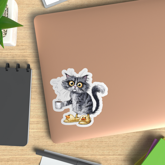 Tired Coffee Cat Vinyl Sticker ,Laptop, scrapbook, junk journal ,crafts, Water Bottle (Copy)