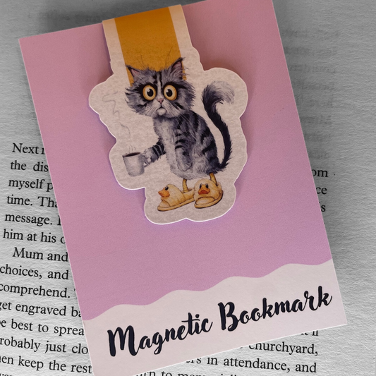 Lovely illustrated printed  Tired Coffee Cat Magnetic bookmark, Page Saver, Book Lover Gift