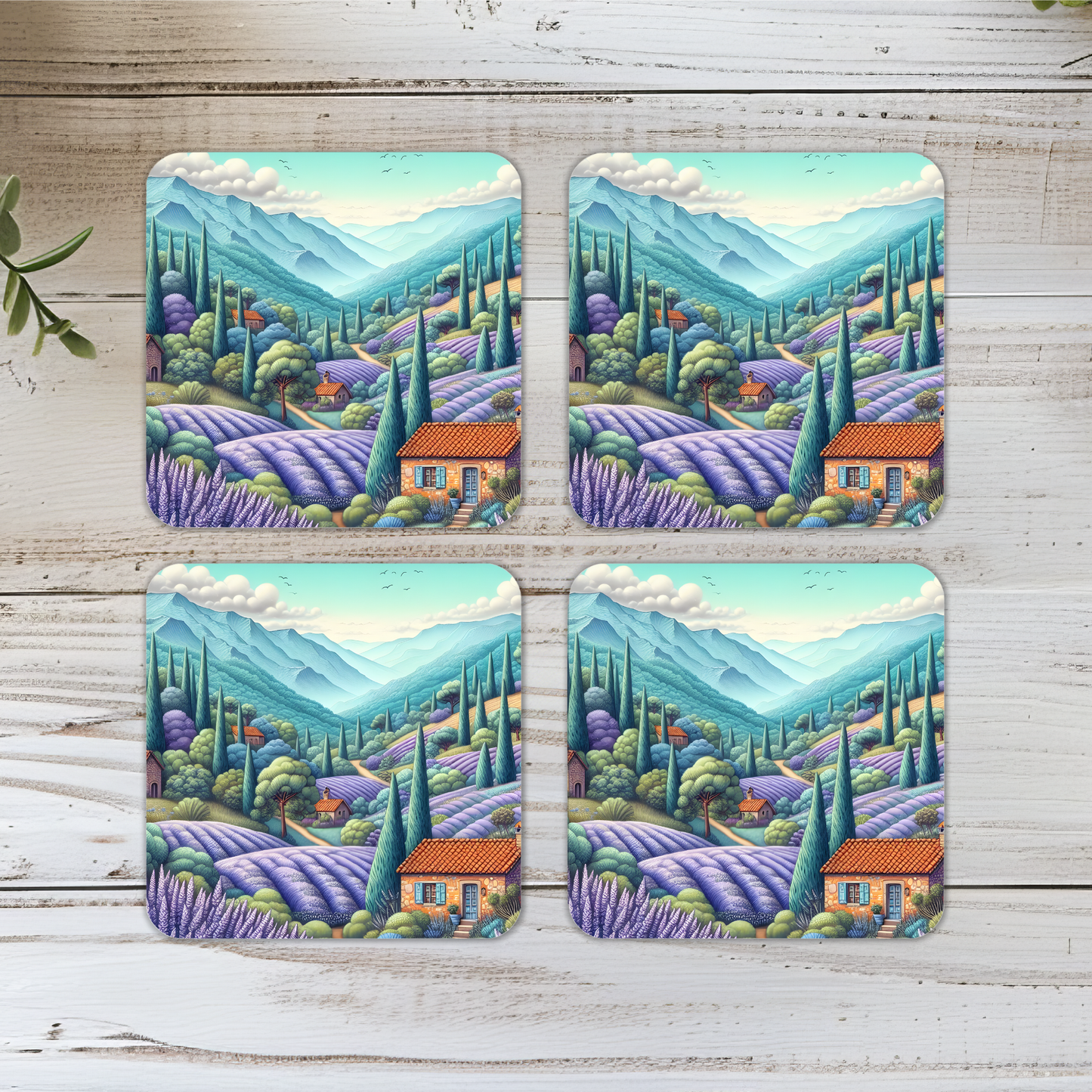 Lavender Field Wooden Square Corked Backed Coaster