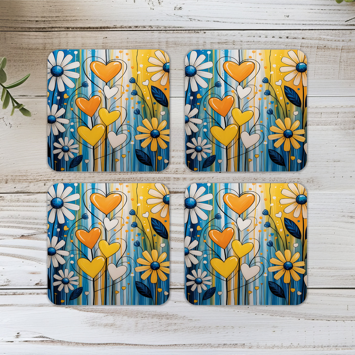 Daisy Floral Hearts Wooden Square Corked Backed Coaster