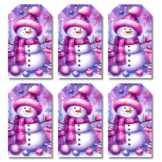 12 X Pink Snowman Gift Tags, Gift Wrapping, Luggage Tags, Card Making