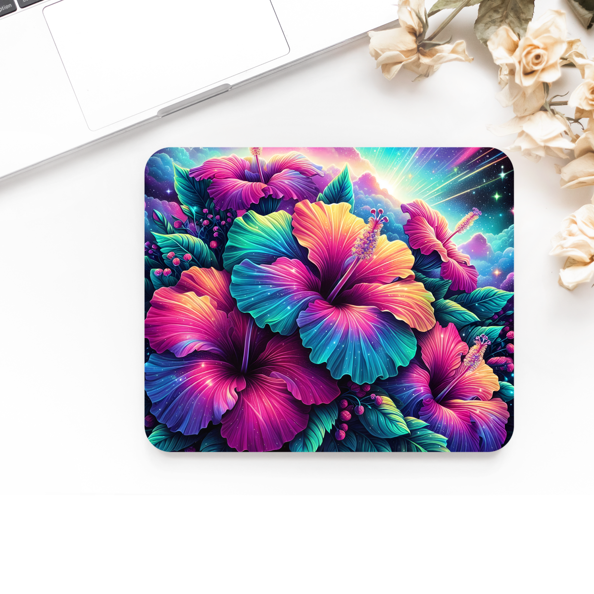 Neon Hibiscus Printed Anti-Slip Mouse Mat