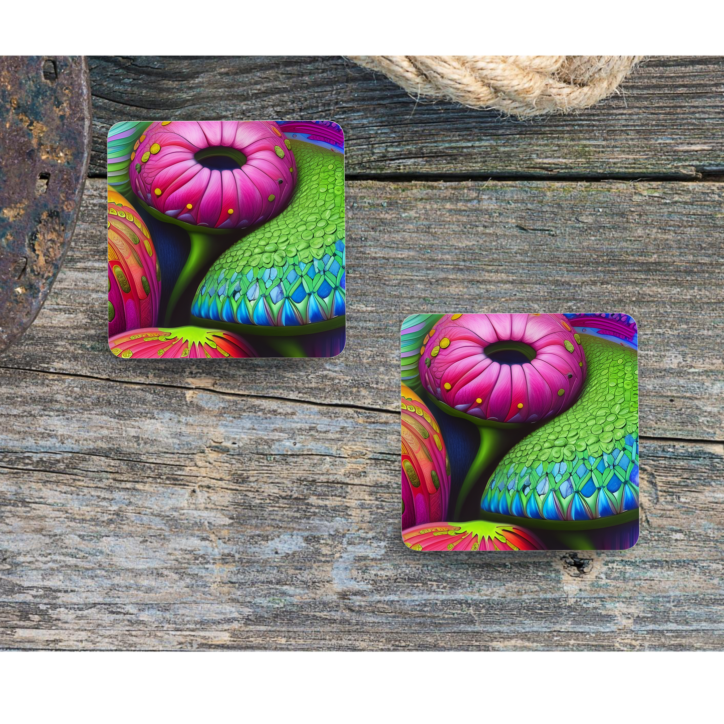 Beautifully Printed  Whimsy Flowers Wooden Coasters for Stylish Home Décor