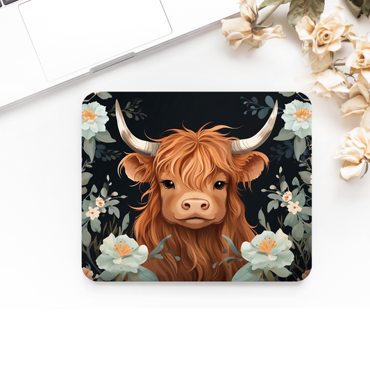 Premium Printed Anti-Slip Mouse Mat - Ultra Durable White Floral Highland Cow Design