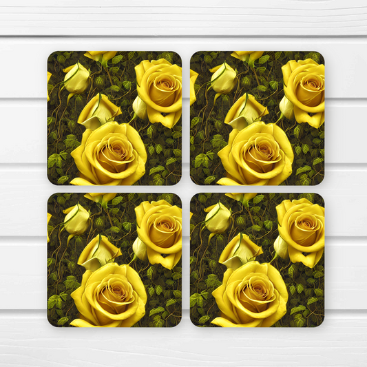 Beautifully Printed Yellow Rose Wooden Coasters for Stylish Home Décor