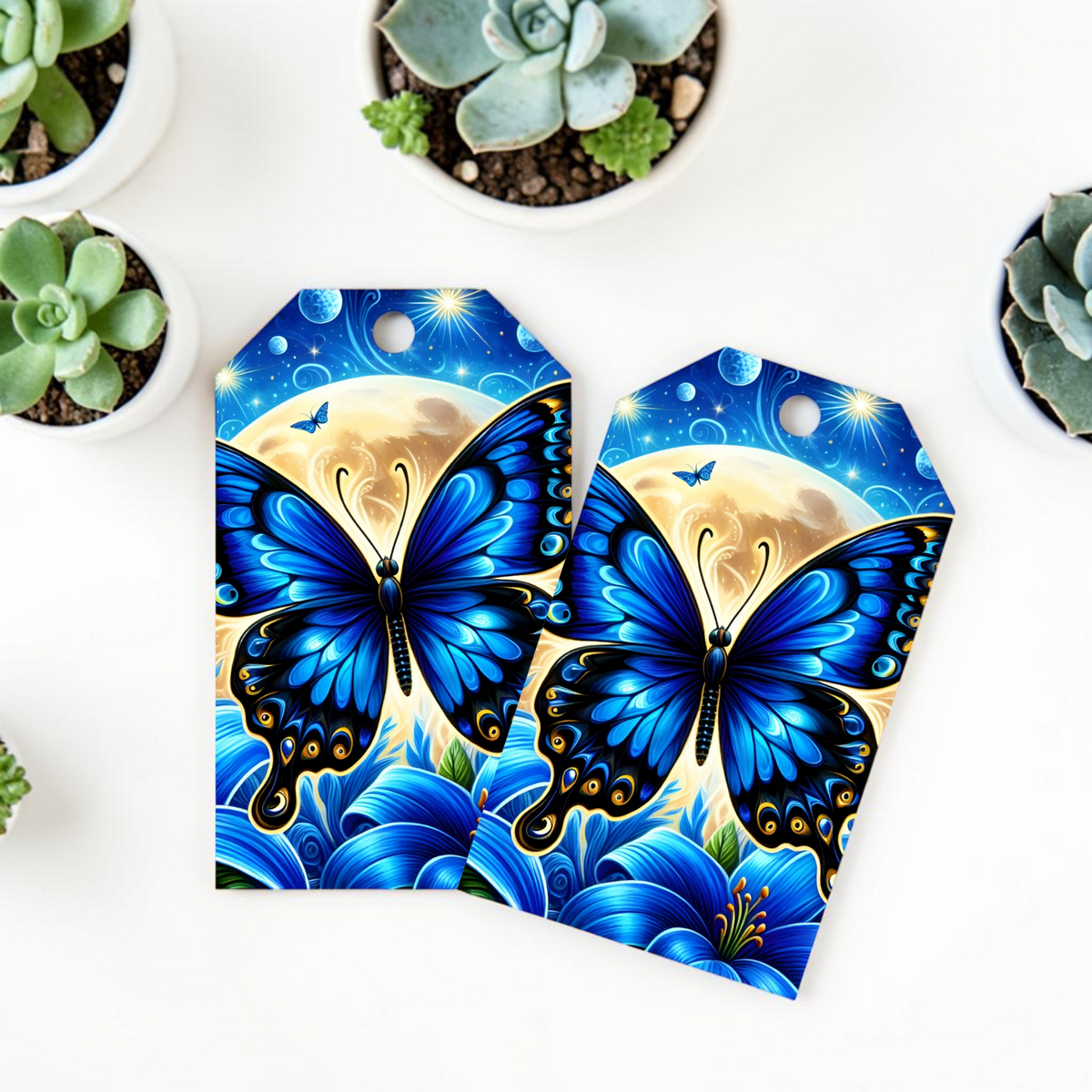 12 X  Blue Butterfly Gift Tags, Gift Wrapping, Luggage Tags, Card Making