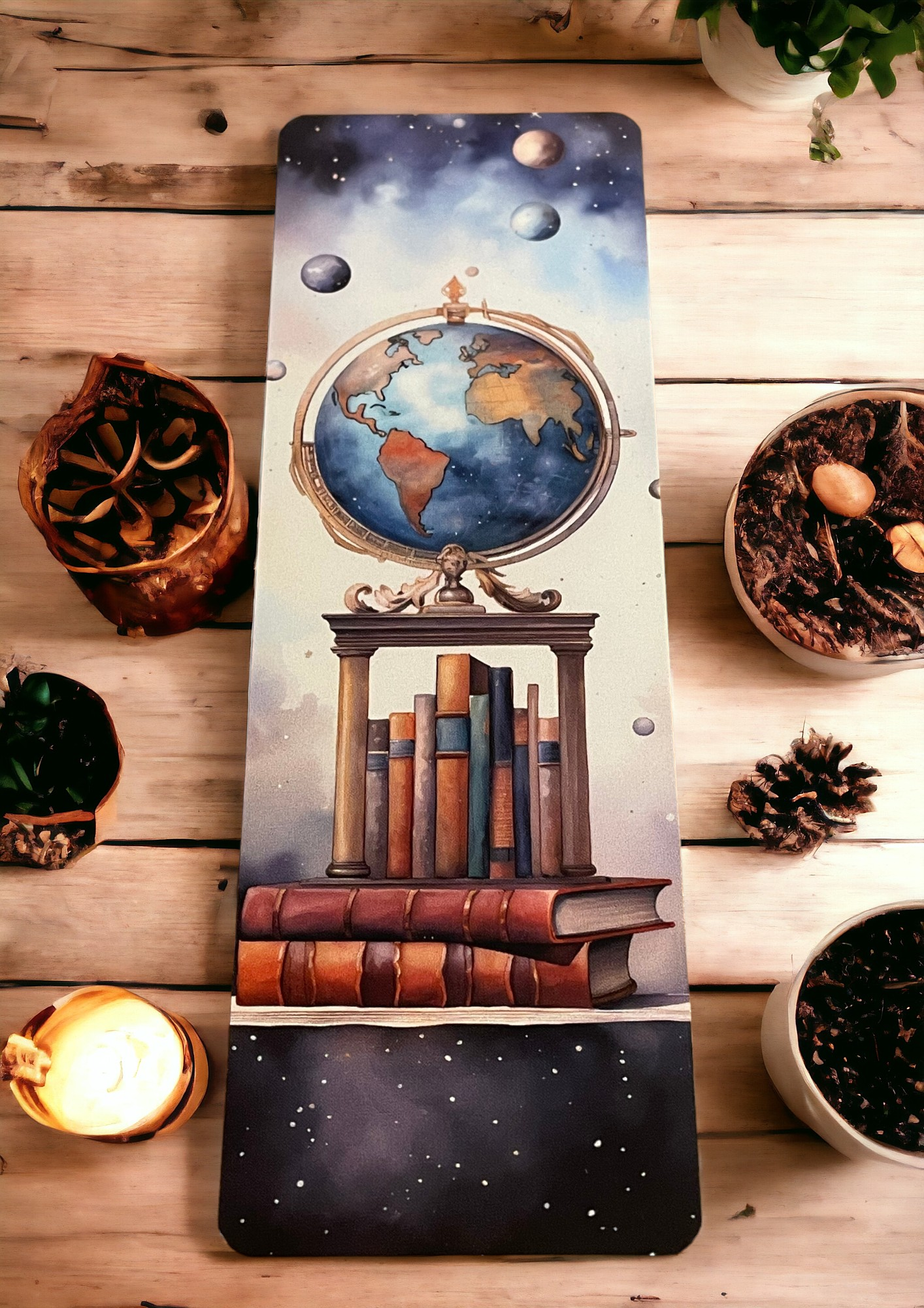 Lovely illustrated printed Globe on Books bookmark, Page Saver, Book Lover Gift,
