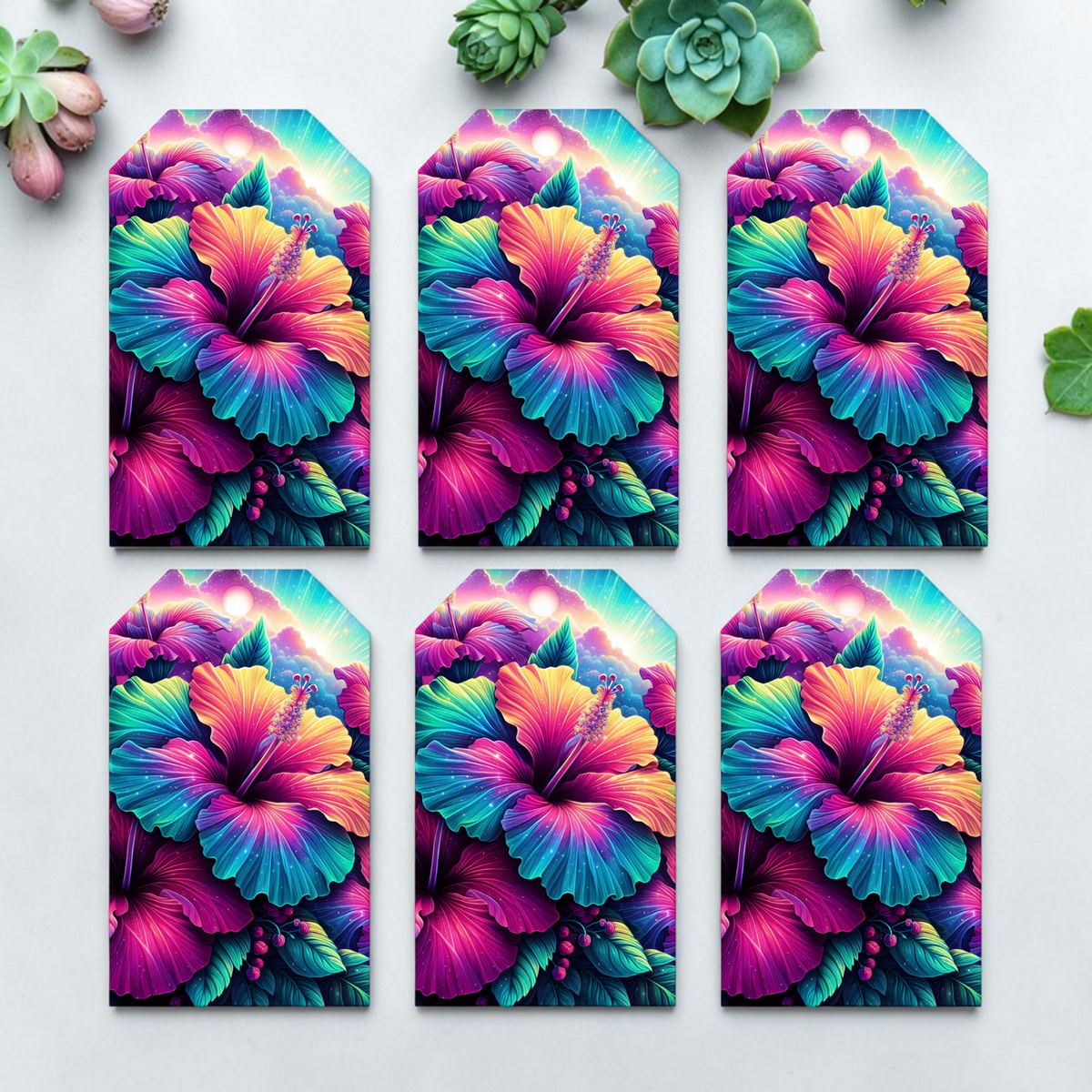 12 X  Neon Hibiscus Gift Tags, Gift Wrapping, Luggage Tags, Card Making