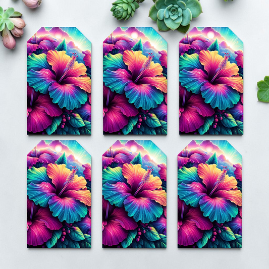 12 X  Neon Hibiscus Gift Tags, Gift Wrapping, Luggage Tags, Card Making