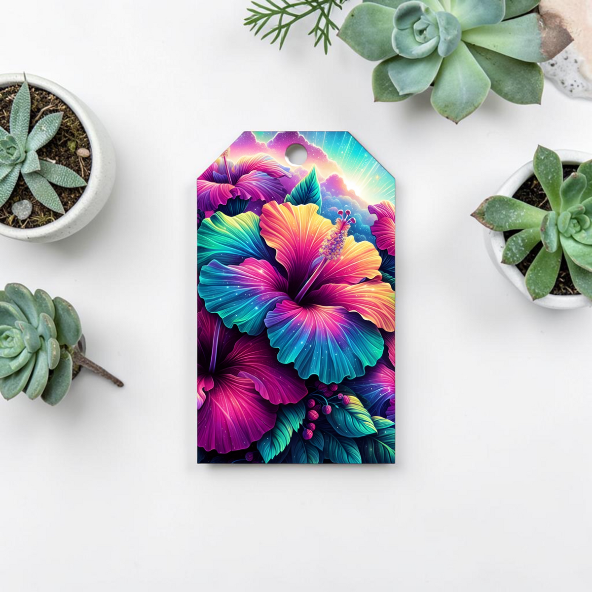 12 X  Neon Hibiscus Gift Tags, Gift Wrapping, Luggage Tags, Card Making