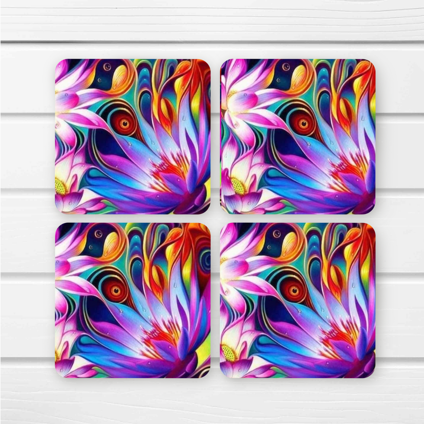 Beautifully Printed Psychedelic Flowers Wooden Coasters for Stylish Home Décor