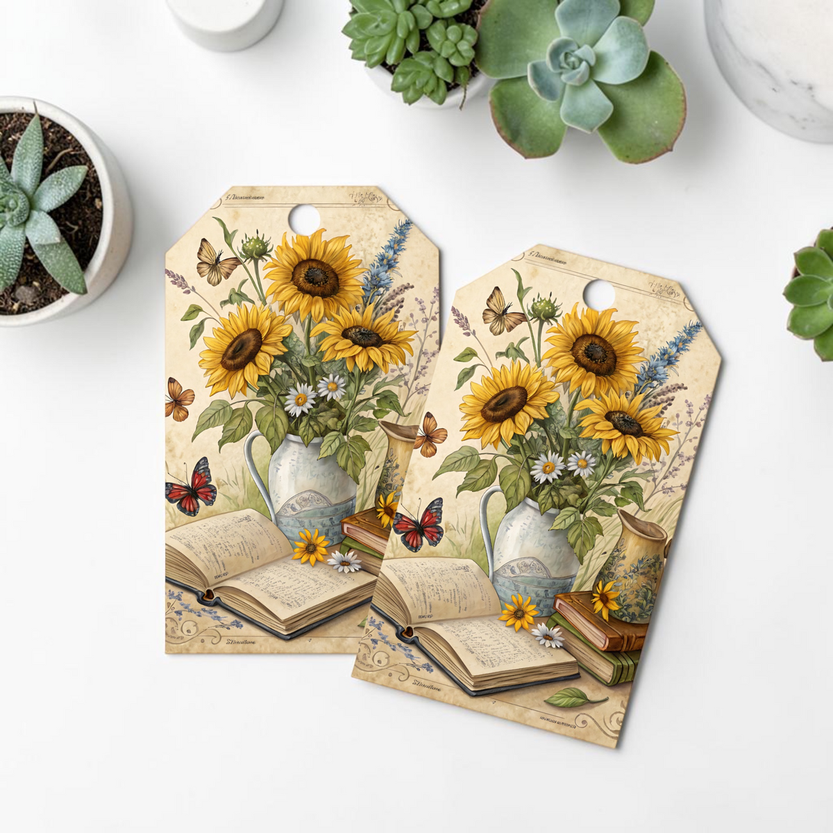 12 X  Vintage Sunflower Gift Tags, Gift Wrapping, Luggage Tags, Card Making