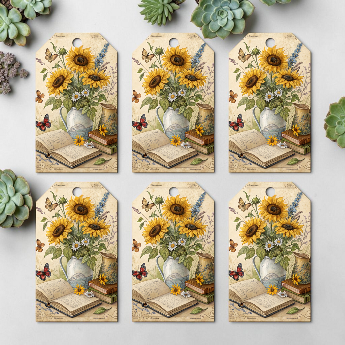 12 X  Vintage Sunflower Gift Tags, Gift Wrapping, Luggage Tags, Card Making